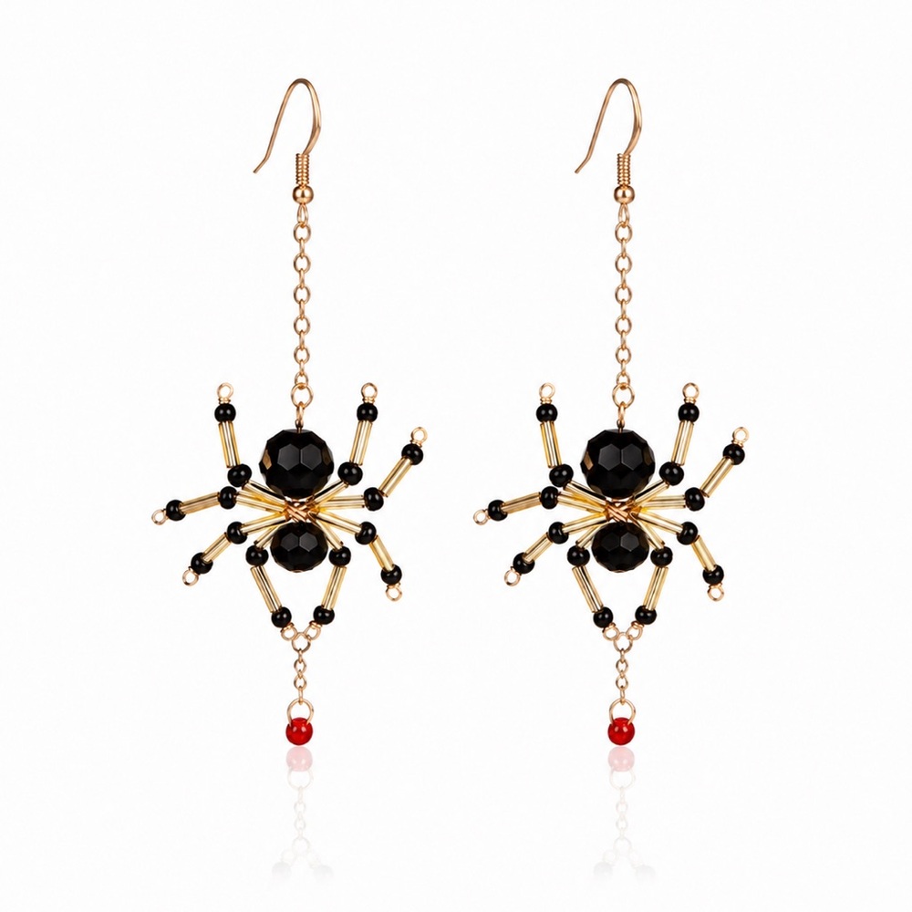 Gold and Black Beaded Spider Dangle Earrings